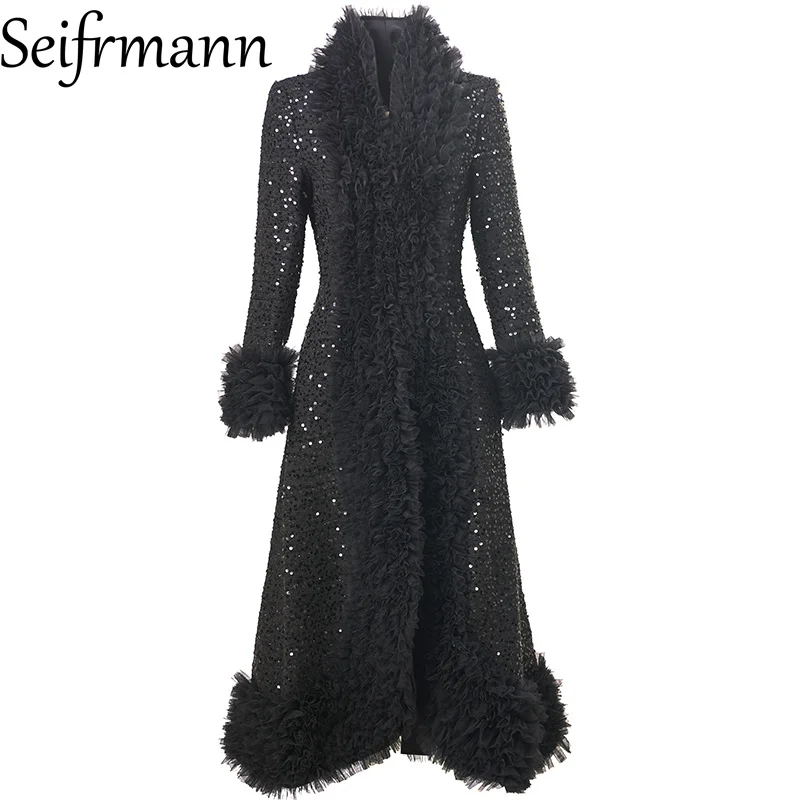 Seifrmann Spliced ​​Mesh Sequin Coat Stand Collar Long Sleeve Waist overcoat 2026 Summer Women's New Style