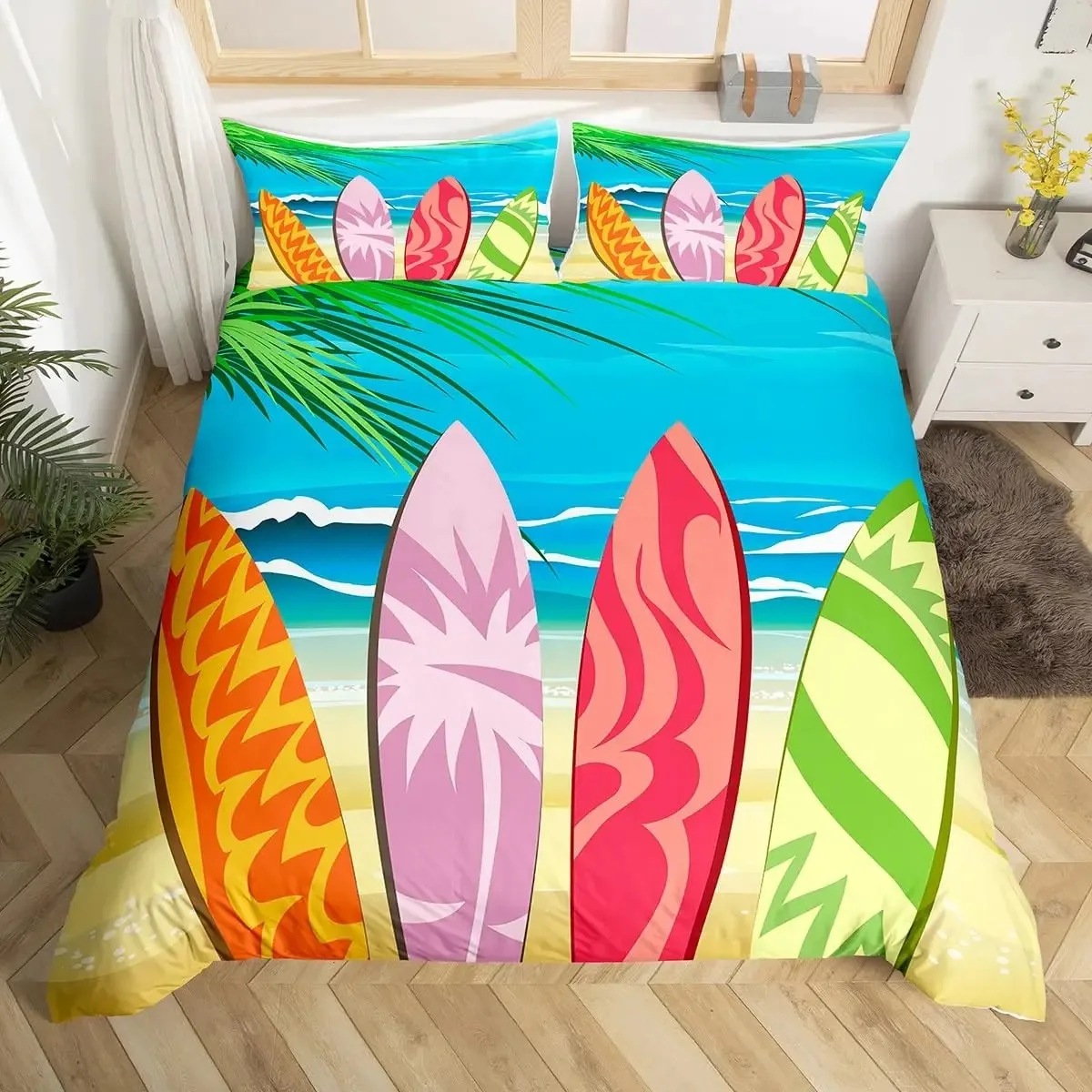copripiumino-estivo-per-bambini-con-gnomi-copripiumino-matrimoniale-king-size-con-tavola-da-surf-e-salvagente-set-biancheria-da-letto-con-foglie-di-palma-tropicali-copripiumino-cartone-animato