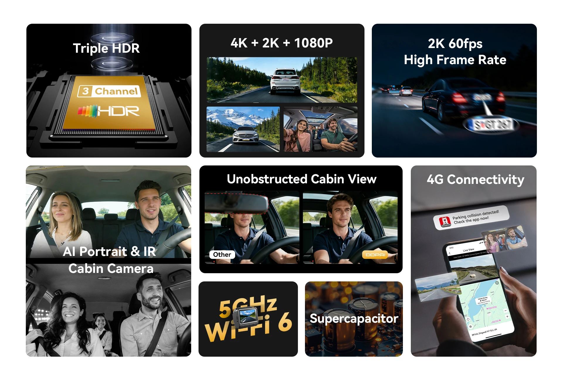 DDPAI Z60T Dashcam 3-Kanal HDR Vorne 4K Hinten 2K Innenraum 1080P Nachtsicht ADAS GPS WiFi 6 24H Parküberwachung Auto-DVR – Detail 7