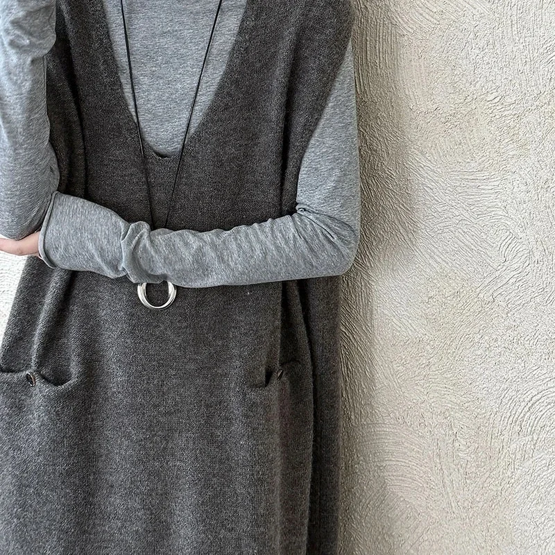 Vestido colete de malha feminino decote em v profundo fino preto com bolso grande inverno aconchegante em camadas midi para trabalho, casa, presente de feriado