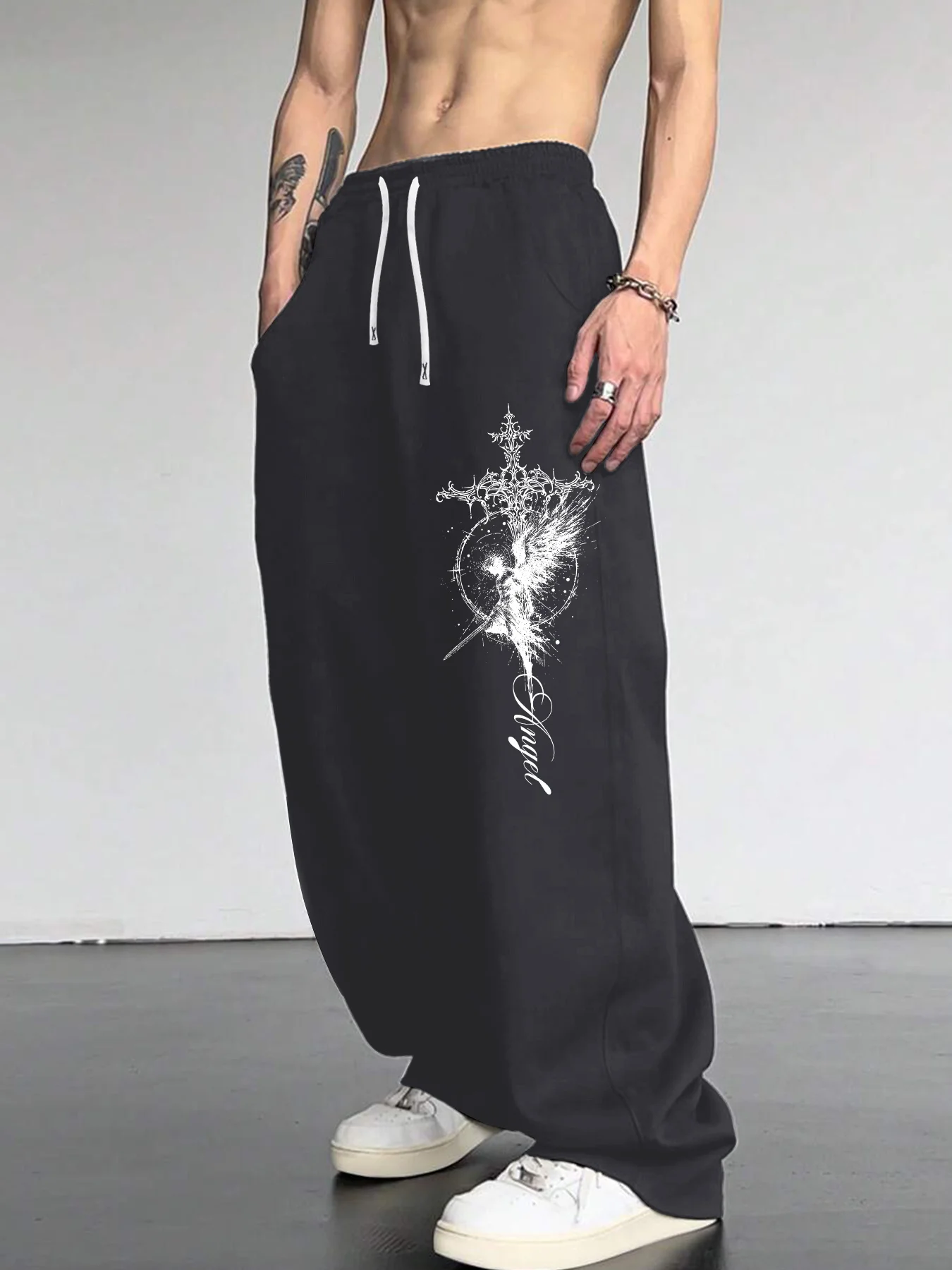 Original tattoo angel print street casual sports pants American casual trend unisex straight leg pants