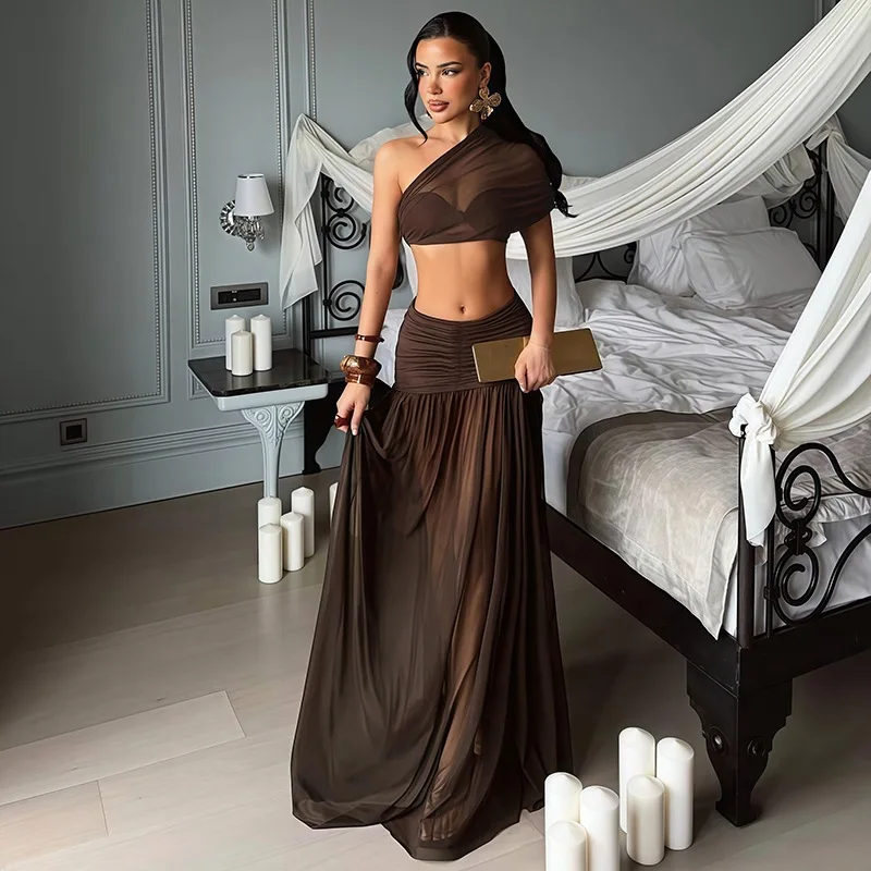 Brown One Shoulder Sheer Mesh Two Piece Set Ruched High Waist Flow Floor Length Maxi Skirt Women Vacation Club Party  Outfit view 3