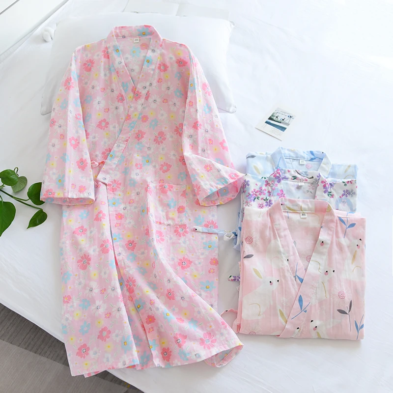 

Японское кимоно из чистого хлопка и марли, женское кимоно Sp Dr, лето-осень, тонкий длинный свеч, костюм для сауны, кимоно для ванны