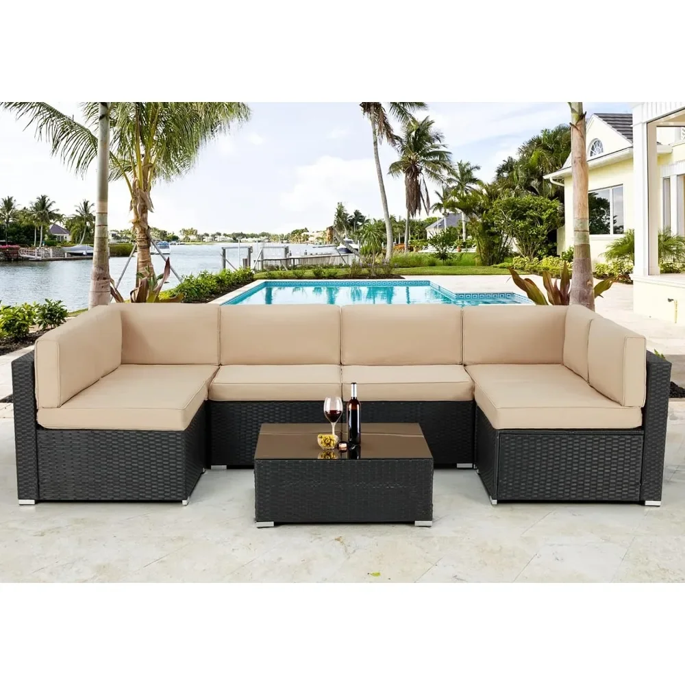 7 Piece Outdoor Patio Furniture Set,Black PE Rattan Wicker Sofa Set, Outdoor Sectional Chair Set with Cushions and Tea Table