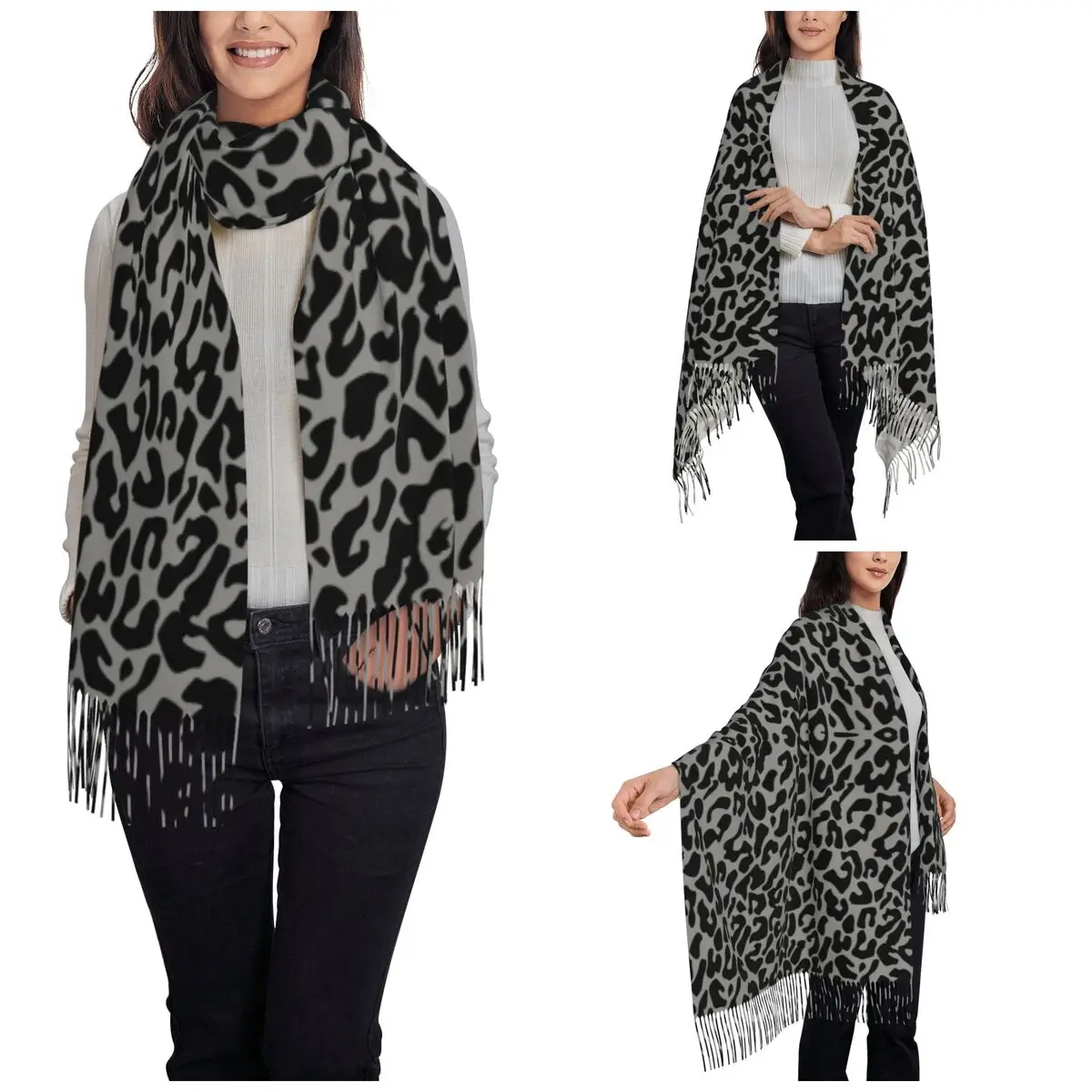 Women's Tassel Scarf Black Leopard Long Winter Fall Shawl Wrap Cheetah Animal Gifts Pashmina Scarves