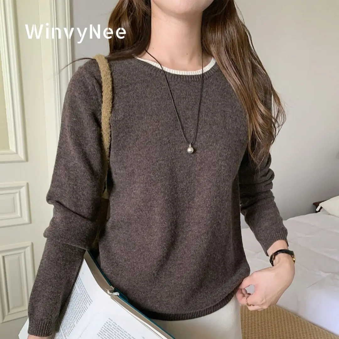 

WinvyNee Women's Clothing 100% Wool Sweaters Double Color Long Sleeve O-Neck Pullovers Warm Knitted Tops Autumn Winter A1523058
