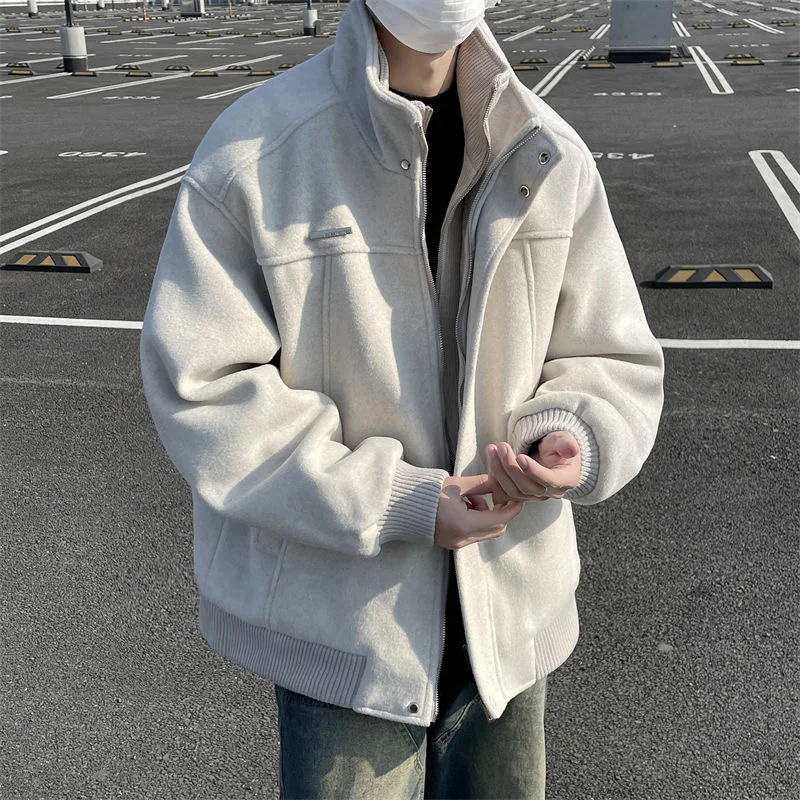 

Trendy Men's Thiened Woolen Jaet Spring Autumn Loose Fit Stand Collar Zipper Closure Casual Street Sle Outerwear