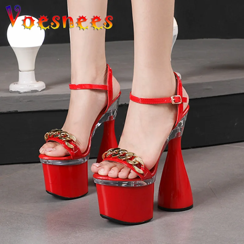 Voesnees Summer Fashion Casual Waterproof Platform Sandals Chunky Heel Shoes Women Golden Chain Embellished High Heels Footwear