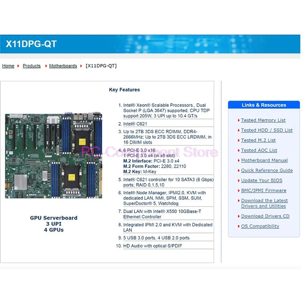 For Supermicro GPU Server Motherboard 2nd Gen Xeon Scalable Processors LGA-3647 DDR4 PCI-E 3.0 M.2 IPMI2.0 X11DPG-QT