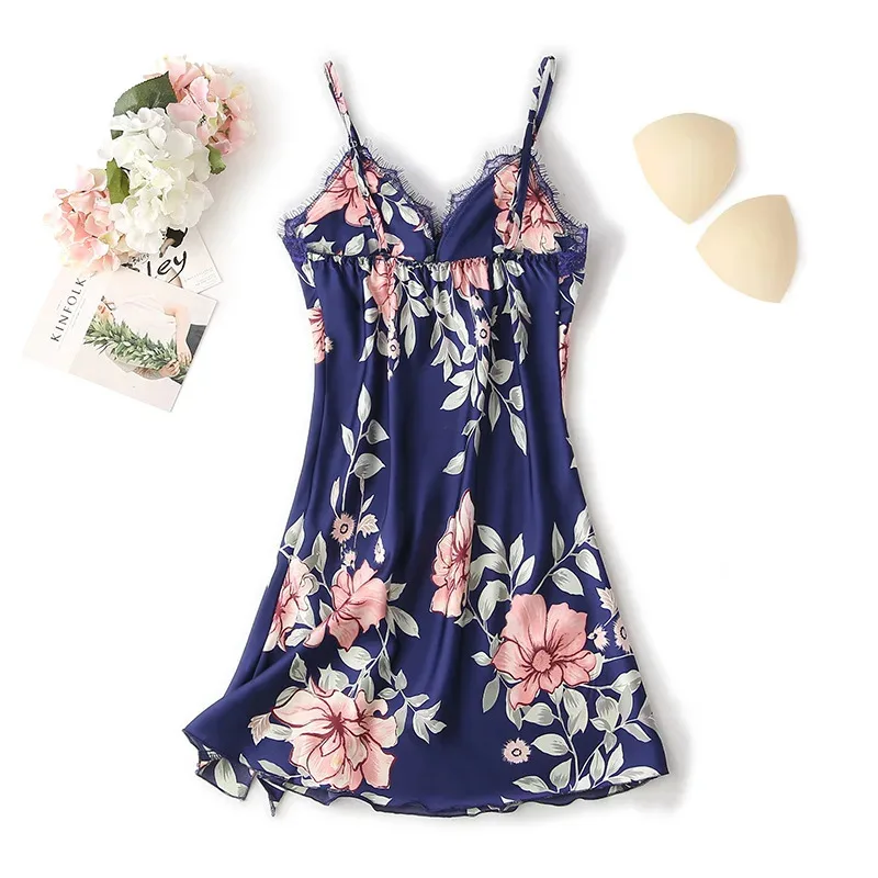 

Print Chemise Nightgown Pink Summer Women Sleepwear Gown Lingerie Sexy Suspender Nightdress Silky Satin Home Dress Lounge Wear d