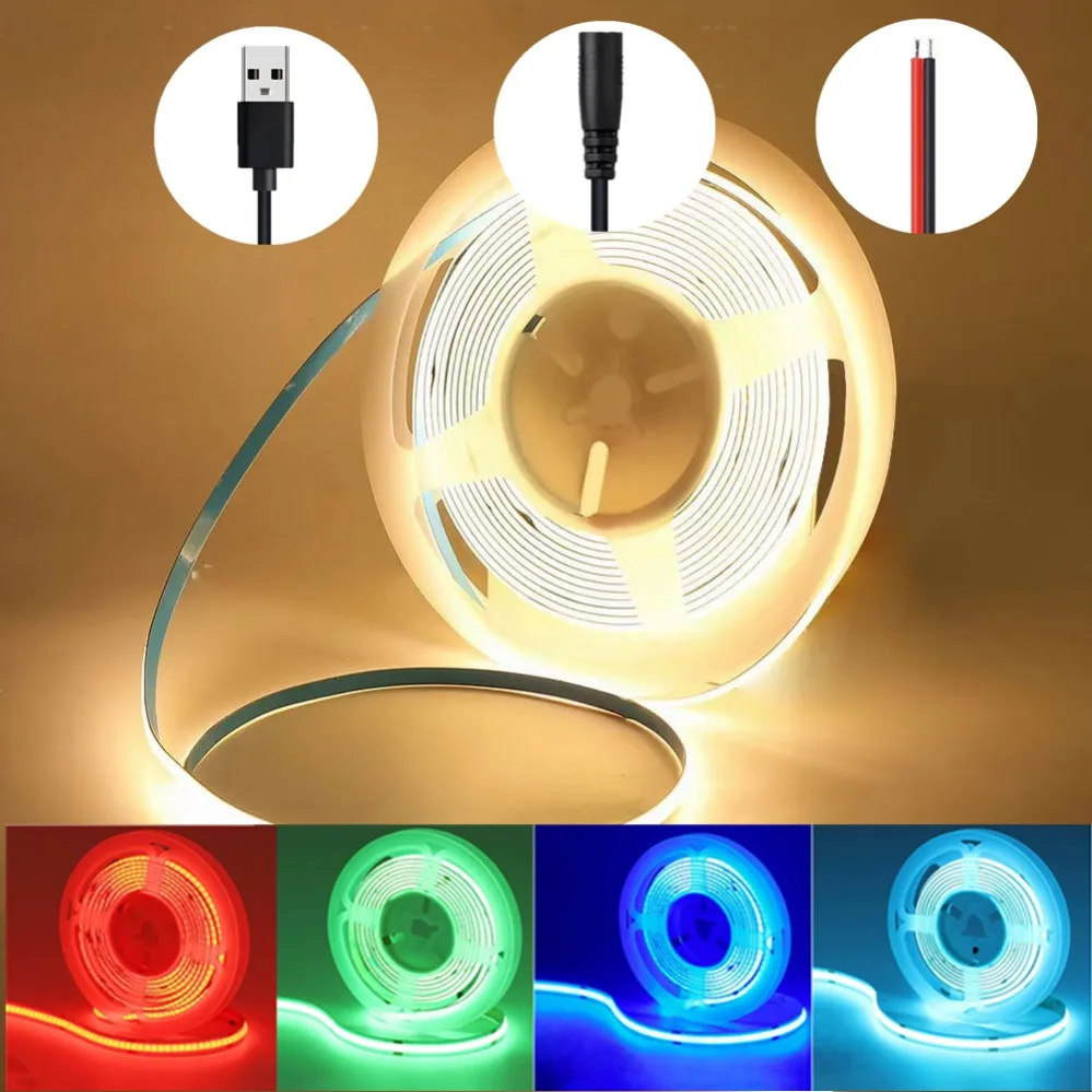 FOB COB LED Strip Lights 8mm 320LEDs/M High Density Flexible Diode Tape Light 6000K 4000K 3000K Linear Dimmable 12V 24V 5V