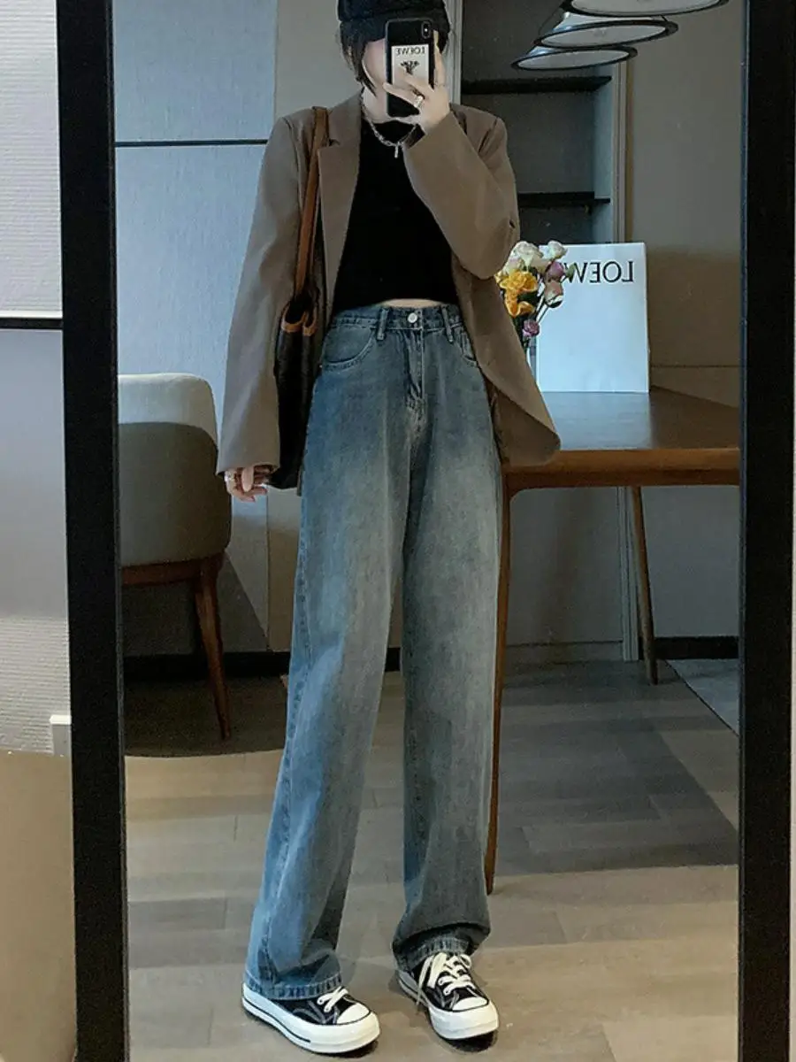 

Женские джинсы с высокой талией и широкими штанинами, осенне-зимние, длинные, свободные, прямые, повседневные, стройнящие, джинсовые брюки в пол