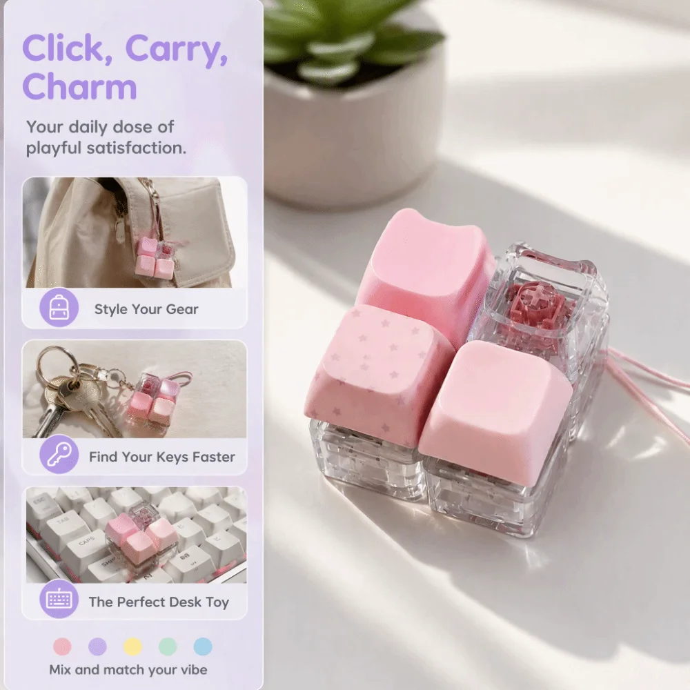 Plastic Fidget Keychain 4 Keys Polka Dot Pattern Stress Relief Pendant Transparent Candy Colors Keycap Clicker
