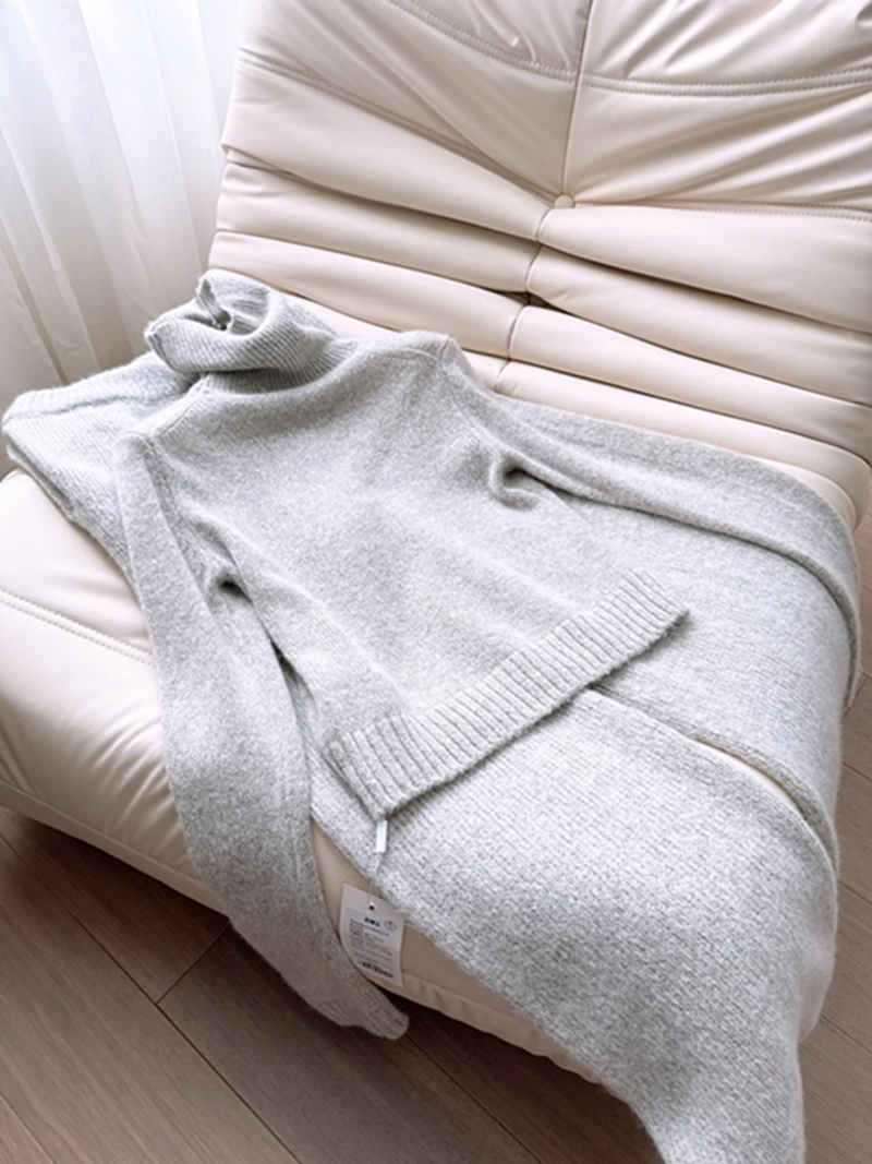 

Early Spring Ultra-light Camere Wool High-ne Knitted Sweater Loose Lazy ort-length Sweater Knitted Pants Two-piece Set