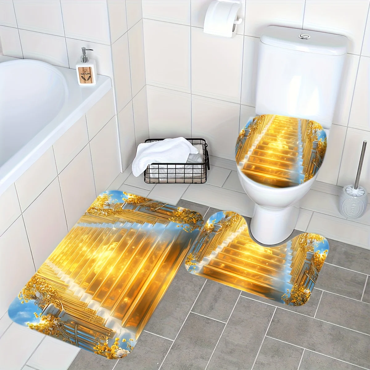 

3pcs Golden Ladder Bath Mat Set - Non-Slip Flannel Rug & Pad for Symbolic Bathroom Decor & Year-Round Elegance​