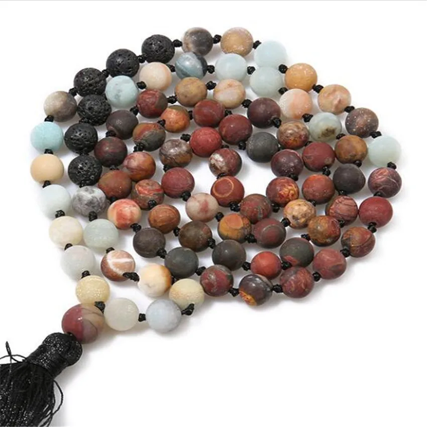 

8mm Frosted Amazoniumite 108 Buddha Beads Tassels Necklace Bohemian Fashion Nirvana Tranquility Spiritual Seekers Rustic Mala