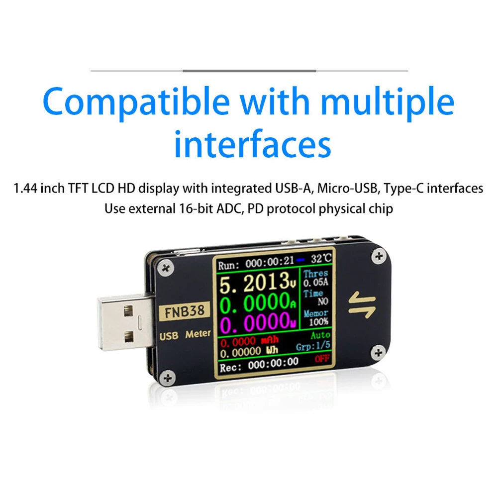 1pc USB Tester FNB38 Current And Voltage Meter USB Tester QC4+ PD3.0 2.0 Fast Charging Protocol 69*30*9.5mm Electrical Equipment