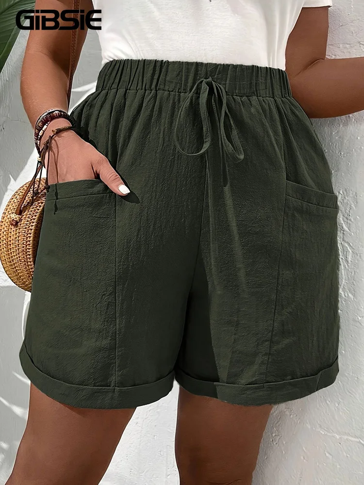 

GIBSIE Plus Size Solid Color Knot Front Rolled Hem Shorts Women Summer 2025 High Elastic Waist Casual Loose Wide-leg Shorts