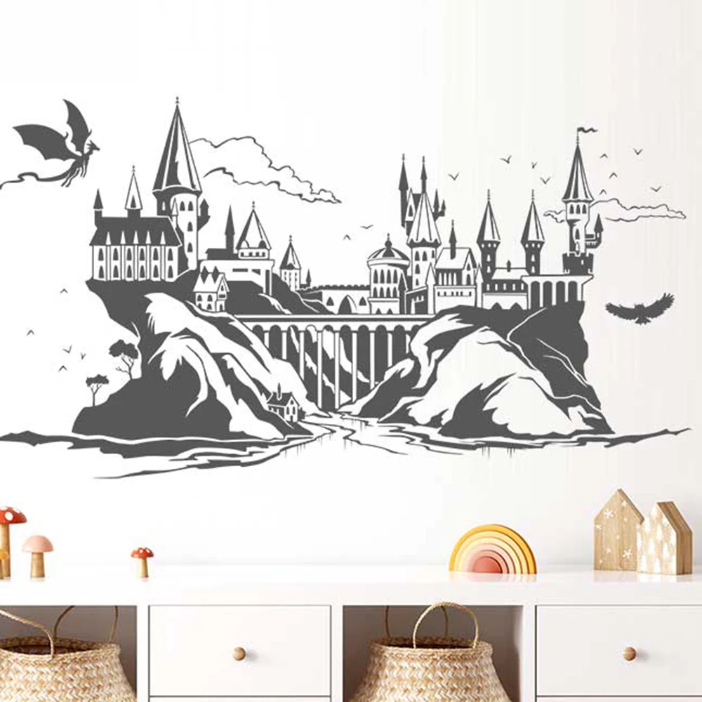 大きな壁のステッカー,城のウォールステッカー,子供部屋,赤ちゃんの部屋,マウンテンバイク,鳥,クラウド,風景,寝室,ビニール
