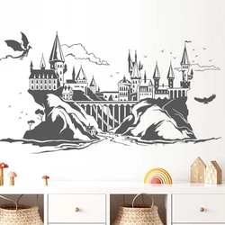 Large Enchanted Castle Magic Dragon Wall Sticker Baby Nursery Kids Room Mountain Bird Cloud Landscape Wall Decal Bedroom Vinyl