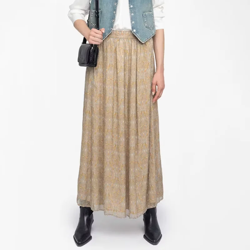 

Yellow Skirt Women Loose Perris Print Skirts Casual Hem Slit Dresses Spot Summer Dress Female Skirts Elegant Length Dress