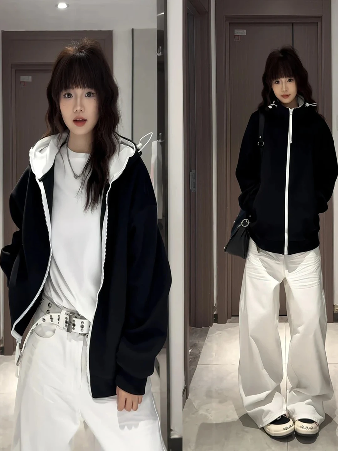 

Bla Hooded Zipper Jaet ex Autumn New Sle Cleanfit Splice Sweatirt Couple Tops Long Sve Warmth Youth Faion