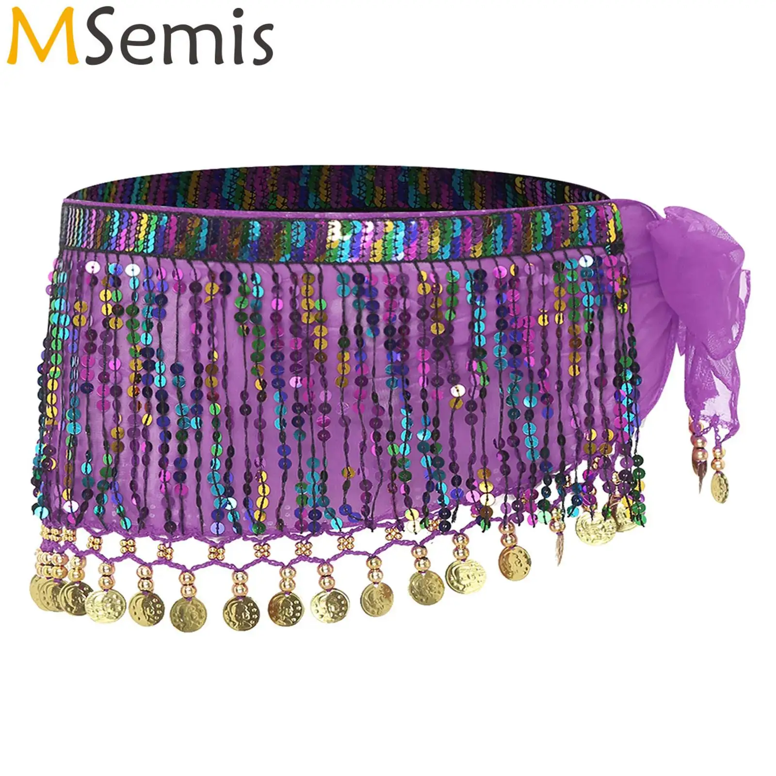 

Women Belly Dance Hip Scarf Sequin Tassel Plastic Beads Metal Sequin Lace-Up Bellydance Hip Skirt Samba Performance Costume