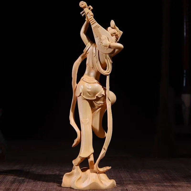 Wood Carving Dunhuang Pipa Beauty Decorative Figure Statue-Chinese Art Characteristic Culture Home Room Office Decoration Statue