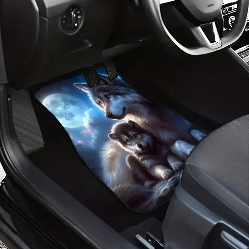 4pcs Wolf Cub Car Floor Mats Set - Crystal Velvet /Pet-Friendly Design, Blue Wolf Pup & Cub Howling At Moon, Easy Clean Fit Car