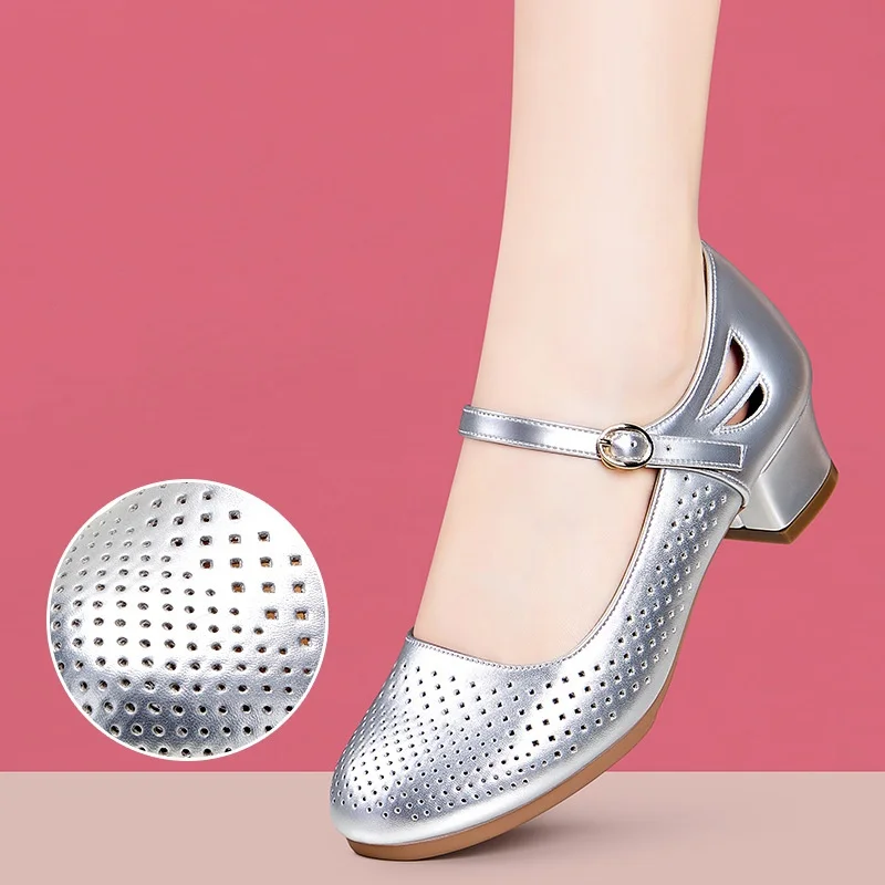 

3.5cm 5.5cm Breathable Comfortable Hollow Soft Leather Shoes Platform Pumps 2026 Summer Block Heel Mary Janes Hole for Mom Dance