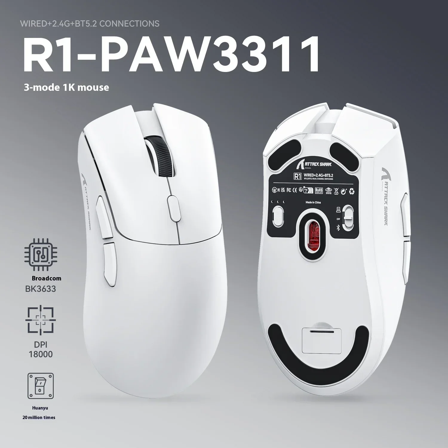 Imagem -03 - Ataque Tubarão r1 Mouse sem Fio Tri Mode Bluetooth Paw3311 E-sports Jogos Ergonômico Ratos Leves pc Acessórios de Jogos