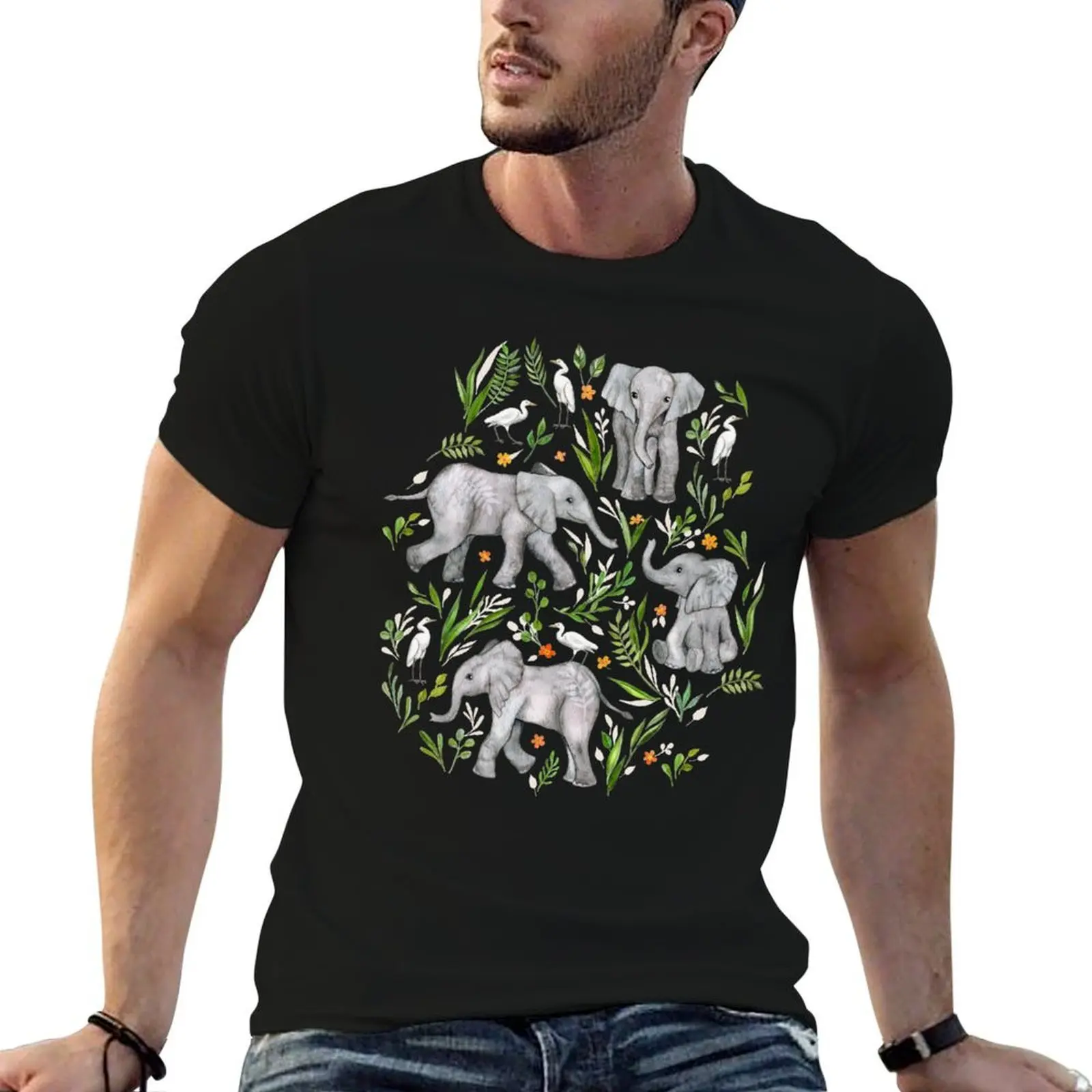Neutrales Herren-T-Shirt von Egrets und Baby Elephants, cremefarbenes Grafik-T-Shirt – Aquarell-Shirt aus 100 % Baumwolle