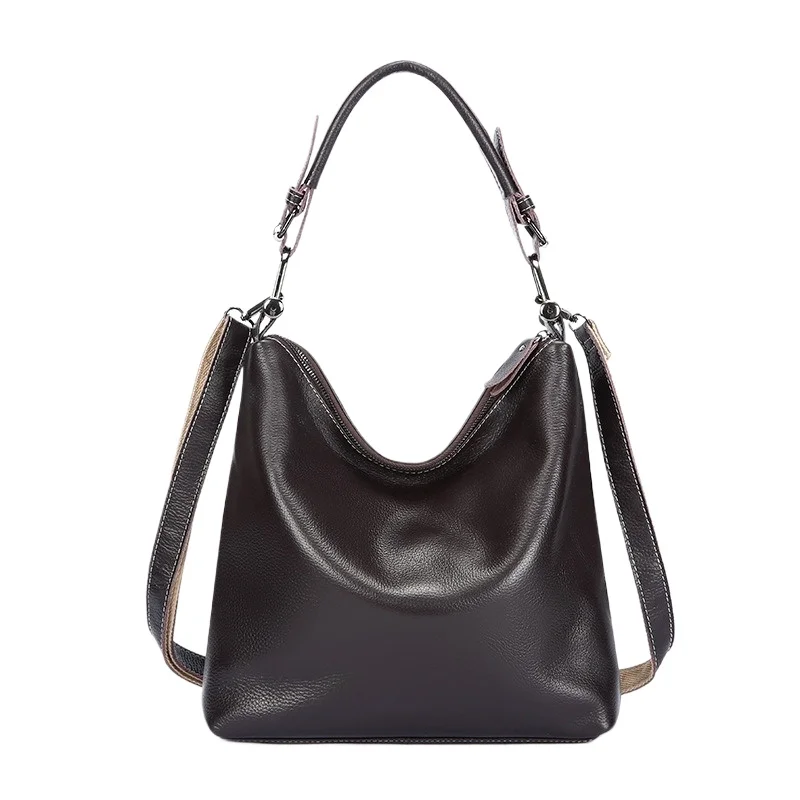 

Vintage Women's Bucket Bag Large Capacity Shoulder Bag Top Grain Leather with Strap Daily for Commuter Girl Student