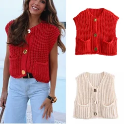 Fashion Solid V-neck Knitted Vest Women 2024 Spring Summer Sleeveless Single Breasted Pockets Vests Female High Street Chic Tops