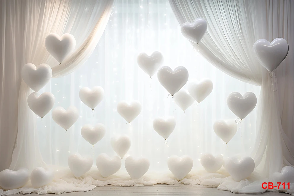 White Valentine's Day Photography Backdrops White Wood Floor Pink Loveheart Balloons Decoration Photo Background Baby Shower