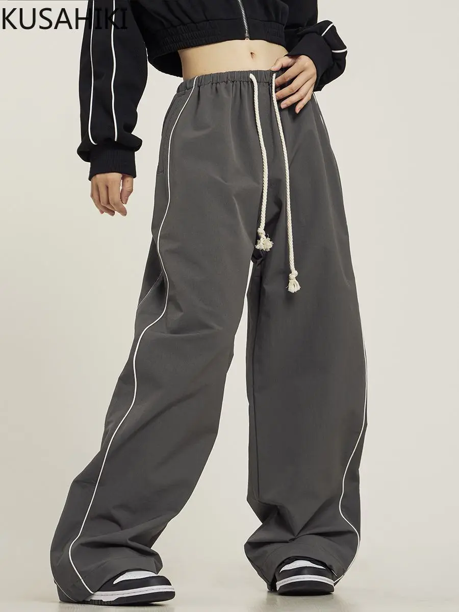 KUSAHIKI Fashion Side Striped Sweatshirt Pants for Women's Spring Summer New Casual Pant Causal High Street Wide Leg Trousers