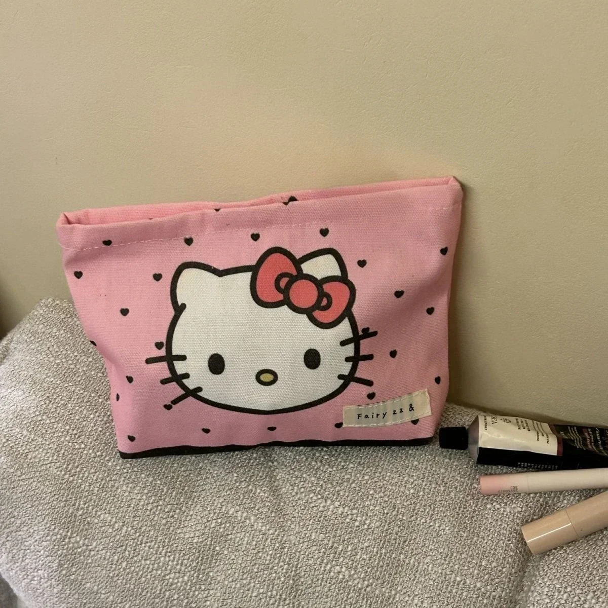 Hello Kitty-Pochette en toile Mininstants pour filles, impression double face, fermeture éclair, sac de rangement cosmétique polyvalent, grande capacité