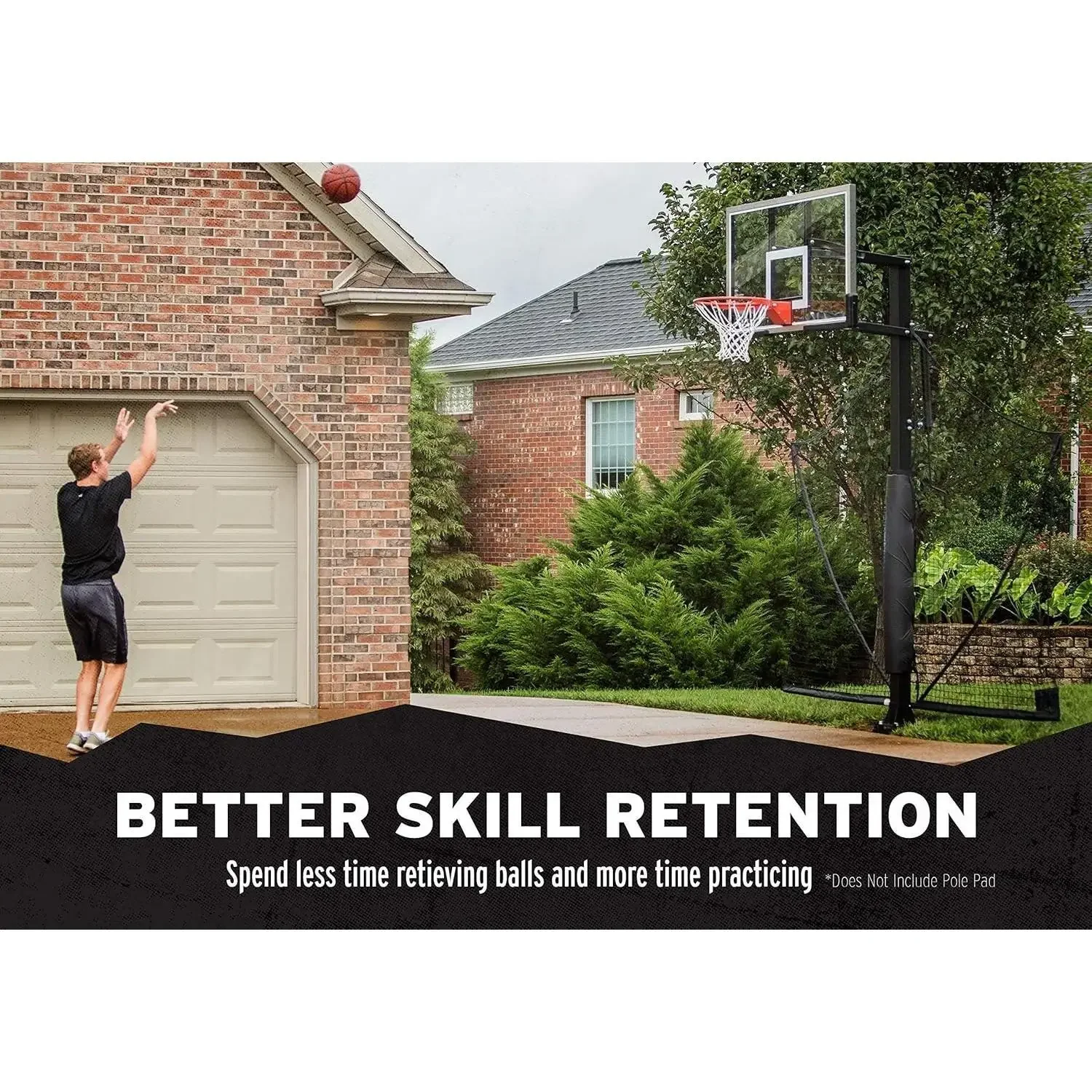 W-Basketball Yard Guard Defensive Net System Rebounder مع شبكة قابلة للطي وأذرع في القطب، أبيض/أسود