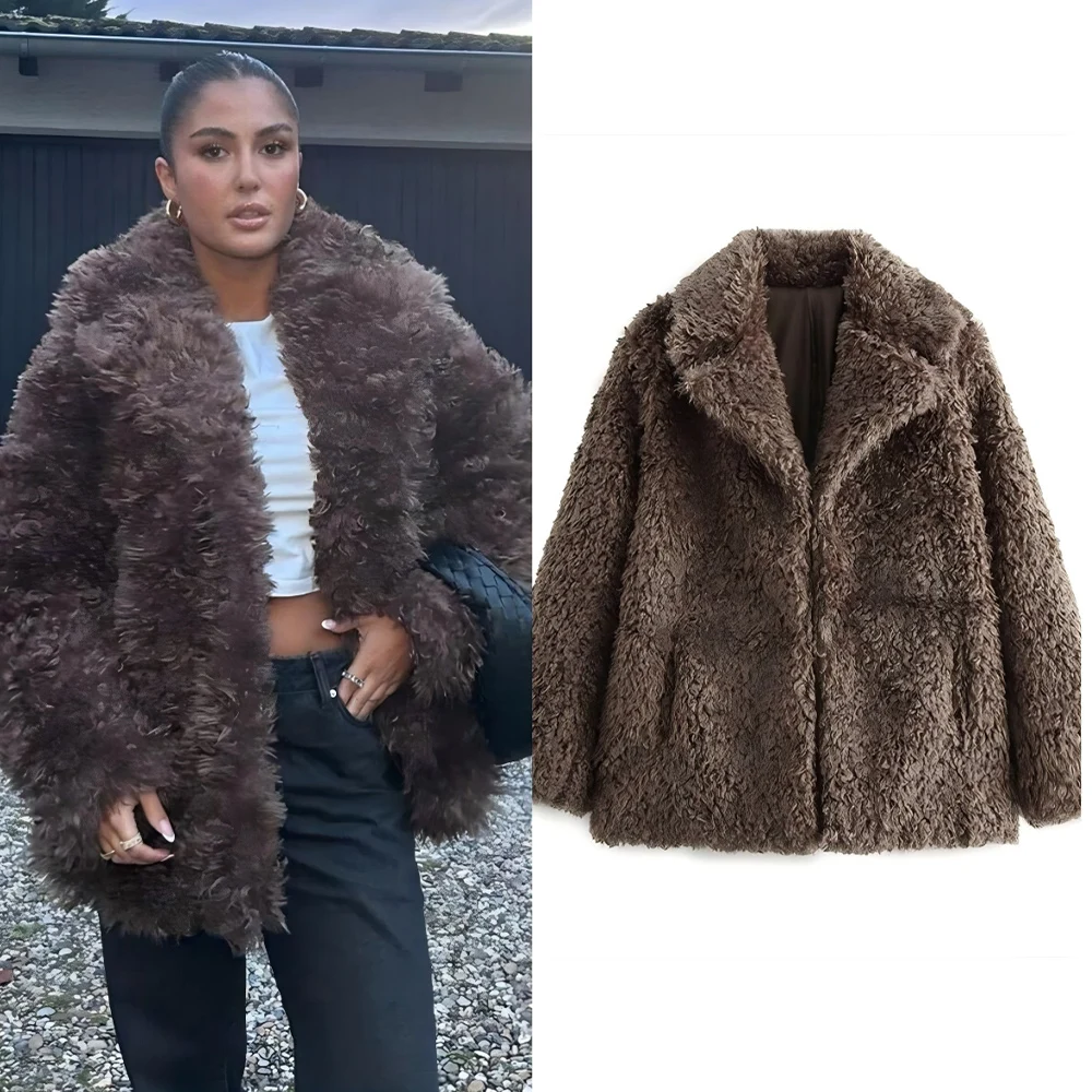 

Women's Winter Fashion Artificial fur effect Loose Warm Lapel Coat Retro Long Sleeve Button-up Women's Coat chic Top