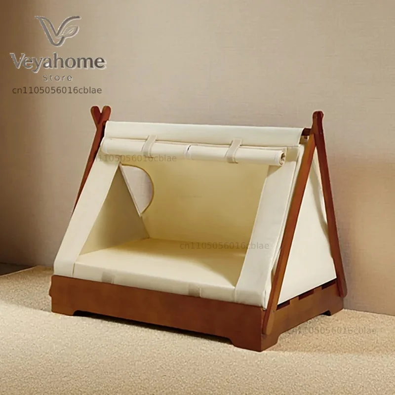 Wooden Pet Tent House - Washable Dog Bed for Small Dogs, Cat House with Removable Cover, Cozy Pet Tent for Indoor/Outdoor Use view 3
