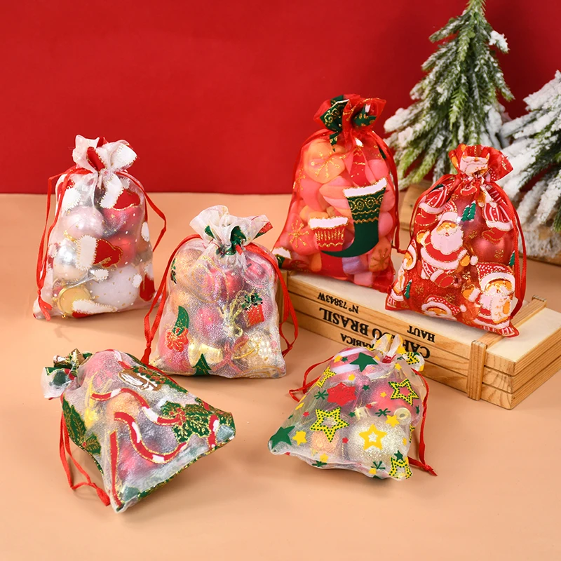 10pcs Mixed Christmas Organza Bags Santa Claus Christmas Tree Printed Candy Gift Bags Jewelry Packing Drawstring Pouches 15x10cm