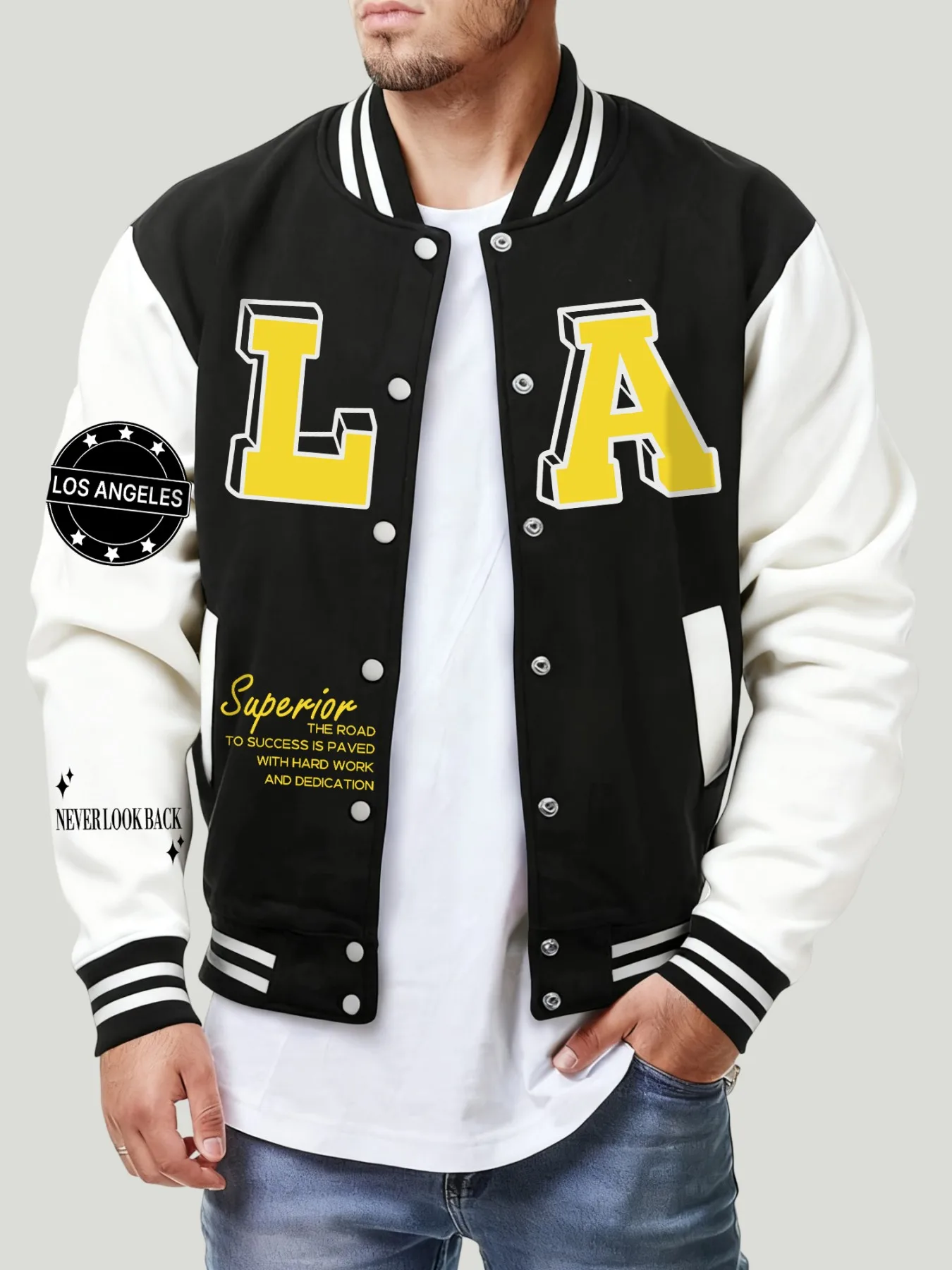 لا تنظر أبدًا إلى الوراء، مطبوعات شخصية، ملابس بيسبول جيرسي هاراجوكو للرجال، سترة فضفاضة كلاسيكية من الصوف، ملابس رياضية ناعمة #1