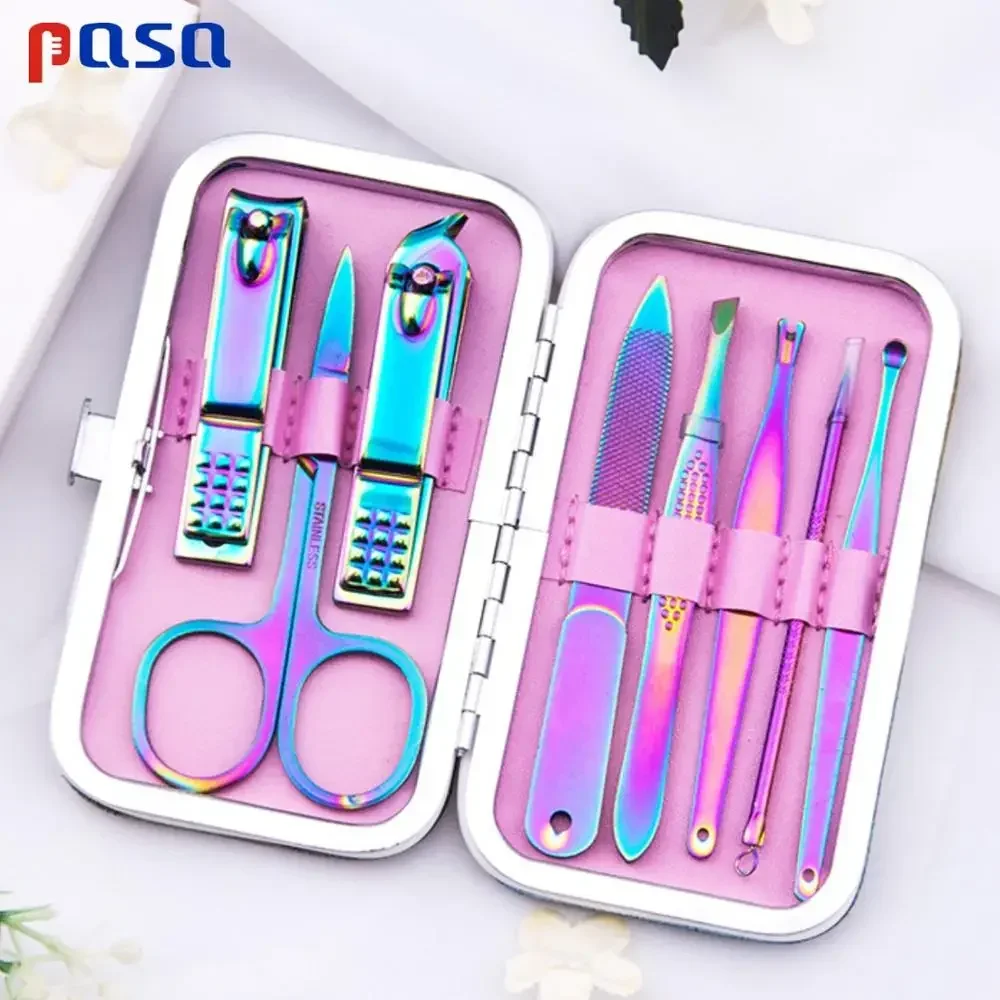 8 개/대 레인보우 매니큐어 손톱깎이 페디큐어 세트 휴대용 여행 위생 키트 스테인레스 스틸 네일 커터 도구 세트