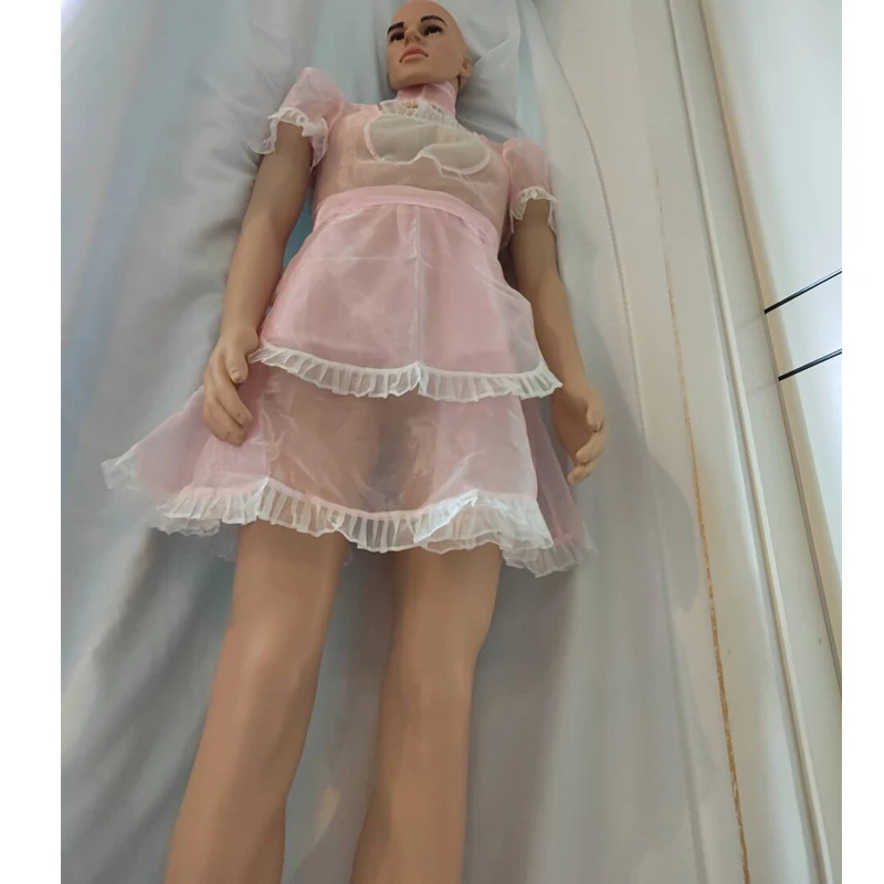 

Sexy Mens Pink Organza Sheer Glossy Dress Lolita Cosplay Sweet Cross-dressing Dress Ruffled Apron Erotic Dress JK Princess Style