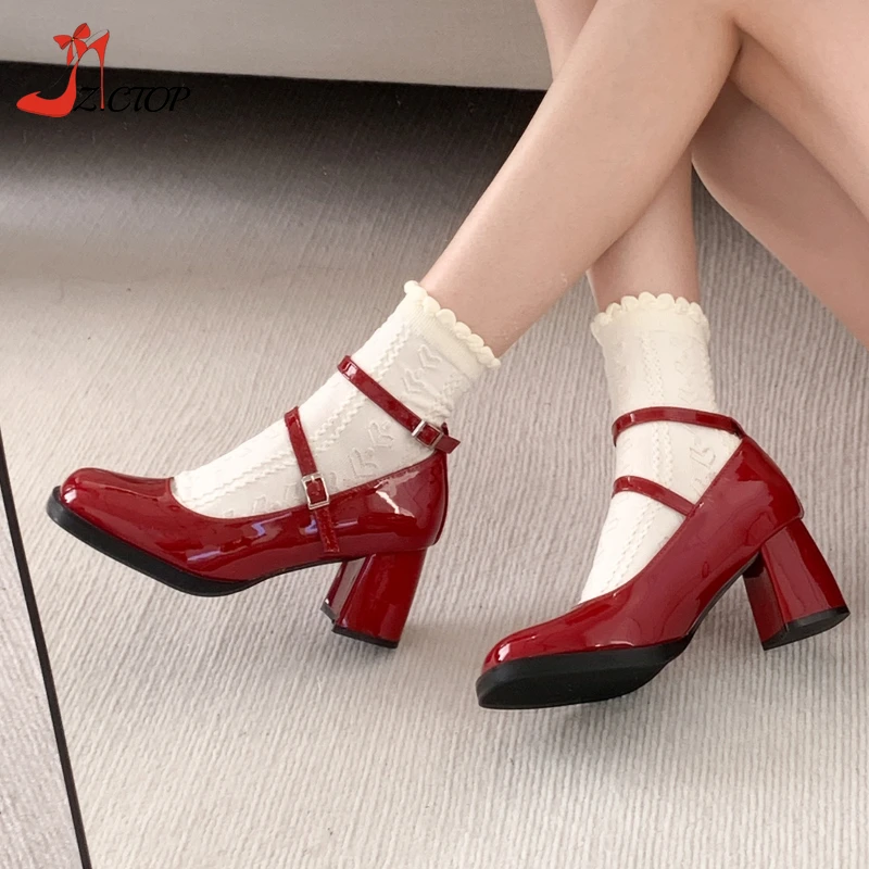 Red Mary Jane Shoes Thick Heel Women\'s Pumps Patent Leather Retro High Heeled Double Buckle Black Party Dress Ladies Shoes