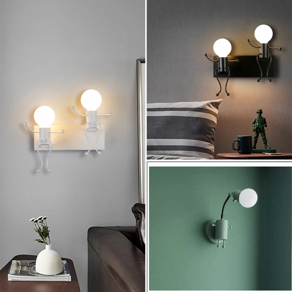 Modern Nordic Sconce Wall Lamp LED Chandelier Macaroon Cartoon Doll Wall  Light Minimalism Metal Robot Lamps with Chain Switch