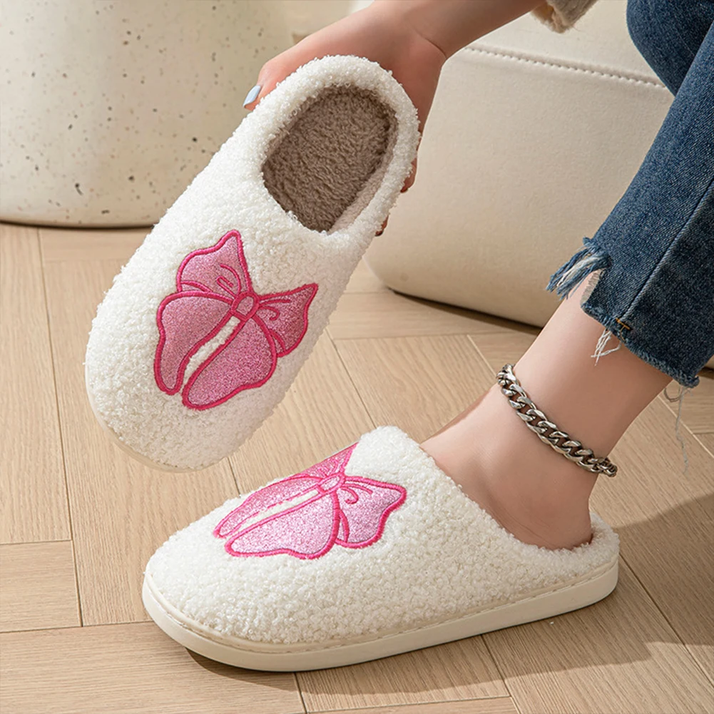 Plush Bow Slippers Non-Slip Cute House Slippers Comfortable Kawaii Furry Slippers Fluffy Bow Slippers for Autumn Winter