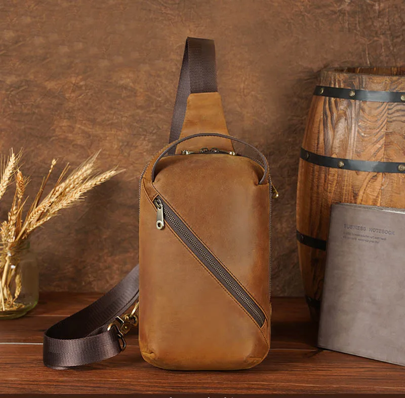 Men's Chest Bag Crazy horse Leather Vintage Casual Crossbody Sling Daypack Fit iPad Male Travel Backpack One Summer Shoulder Bag