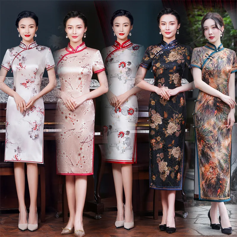 High Quality Silk Cheongsam Qipao Summer Real Show Belly Covering Waist Dress