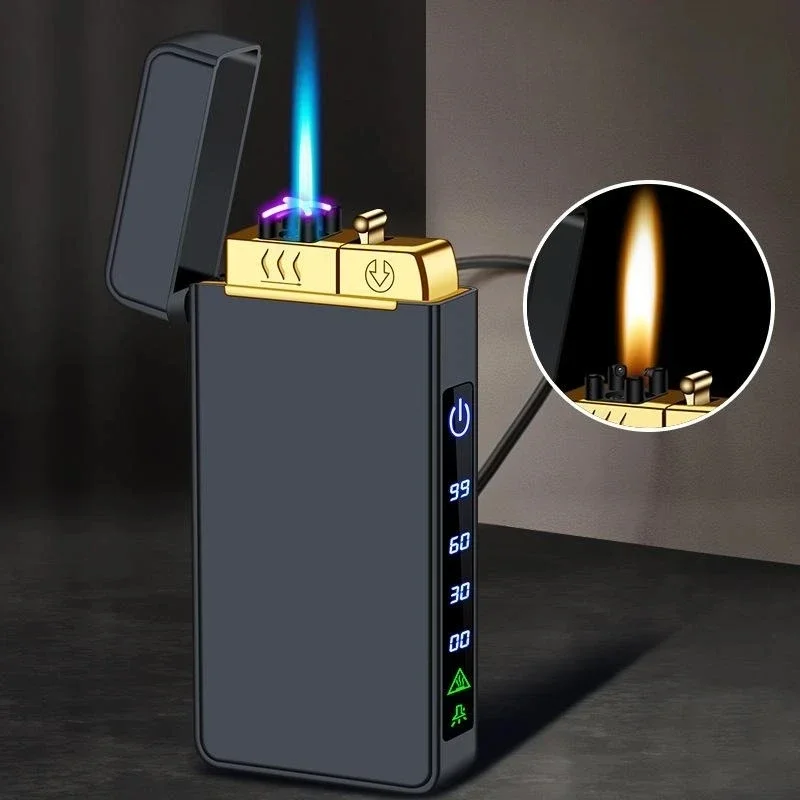 New Triple Flame Electric Pulse Plasma Dual Arc USB Lighter Metal Gas and Electric Lighter LED Screen Display Lighter Men's Gift